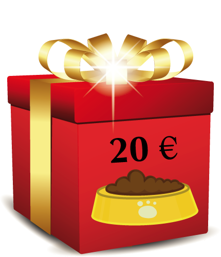 Il pacchetto dono rosso e nastro dorato su cui c la scritta 20,00 euro e lillustrazione di una ciotola coi croccantini.